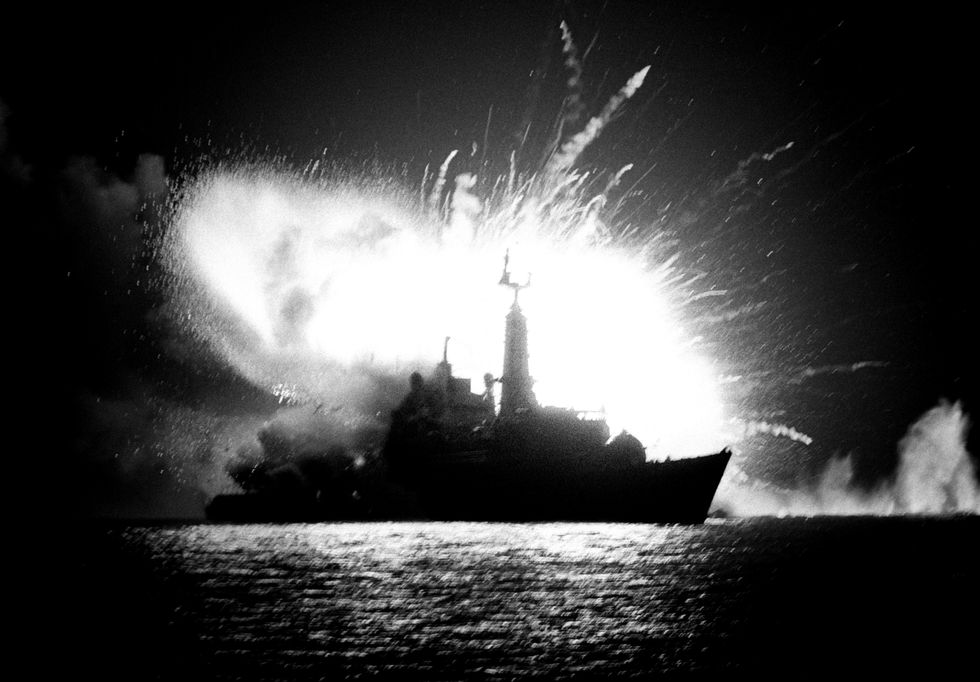 1982: File photo dated April 1982 of an Argentinian bomb exploding on board the Royal Navy frigate HMS Antelope killing the bomb disposal engineer who was trying to defuse it during the Falklands conflict. Issue date: Sunday January 30, 2022.
