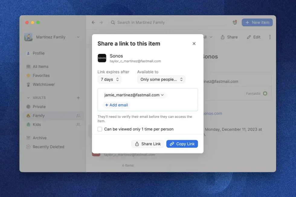 1Password app with the pop-up to share a password with someone