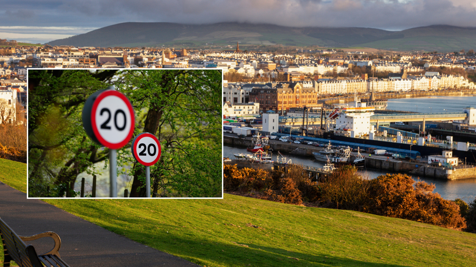 20mph sign and Isle of Man backdrop