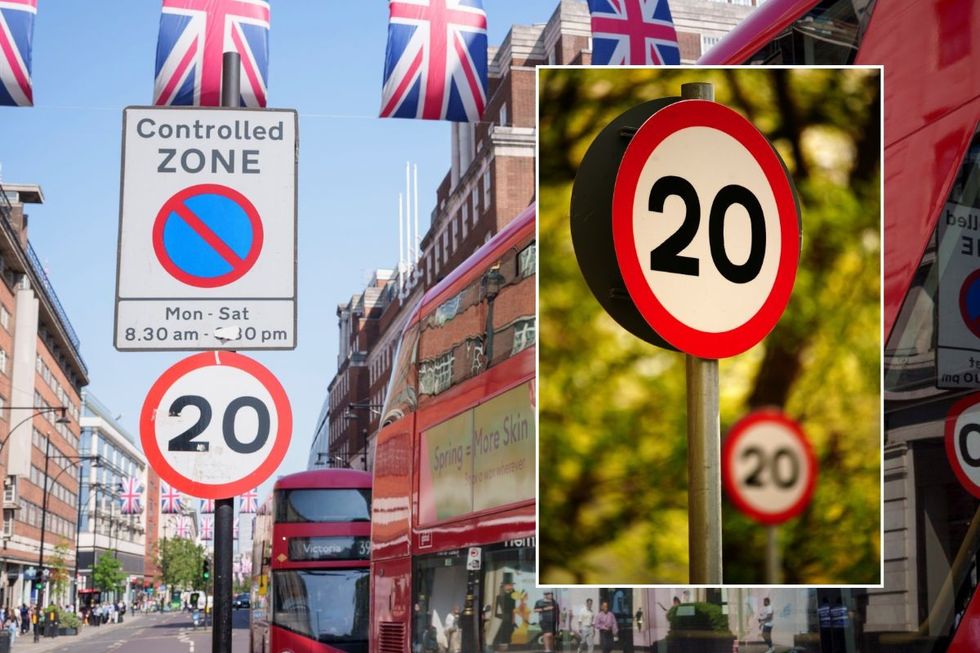 20mph sign in London and a 20mph sign along a rural road