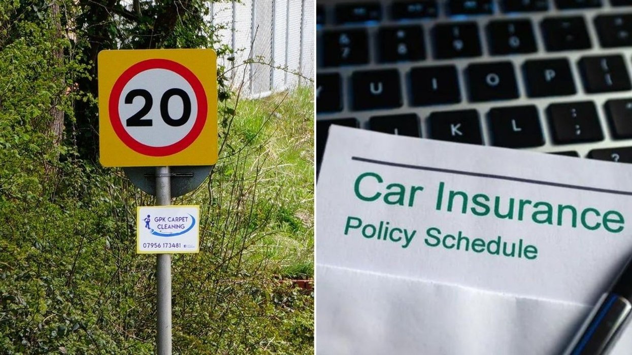 20mph speed limit sign and a car insurance policy schedule letter
