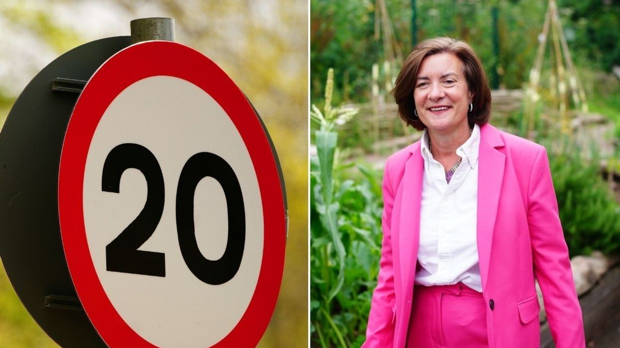 20mph speed limit sign and First Minister Eluned Morgan