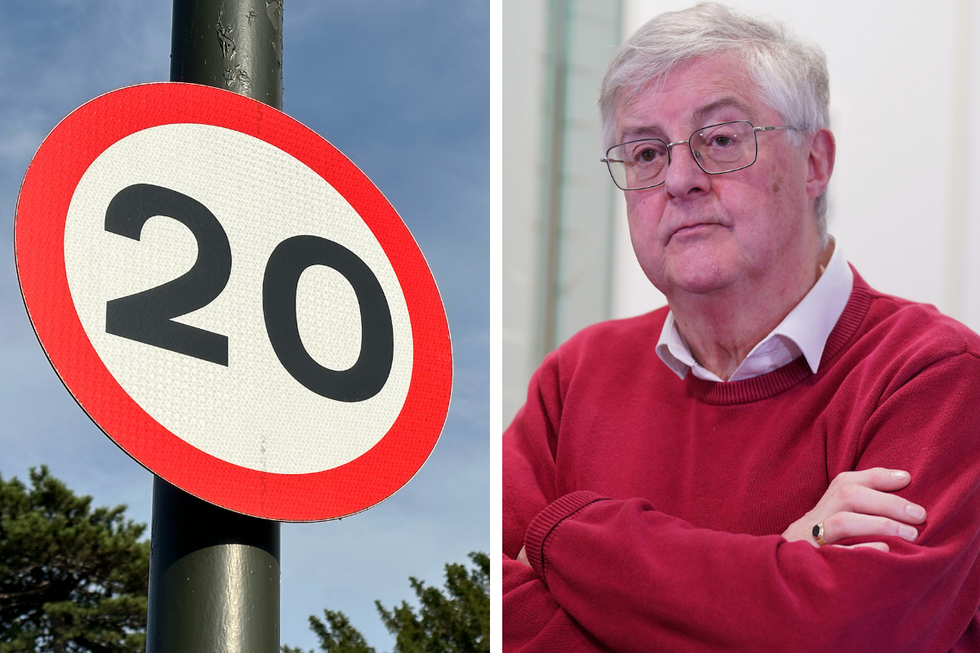 20mph speed limit sign and Mark Drakeford