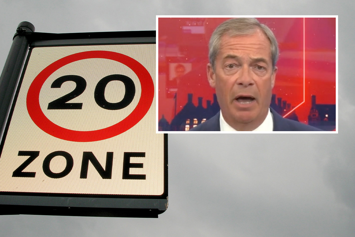20mph zone limit sign (left) and Nigel Farage (right)