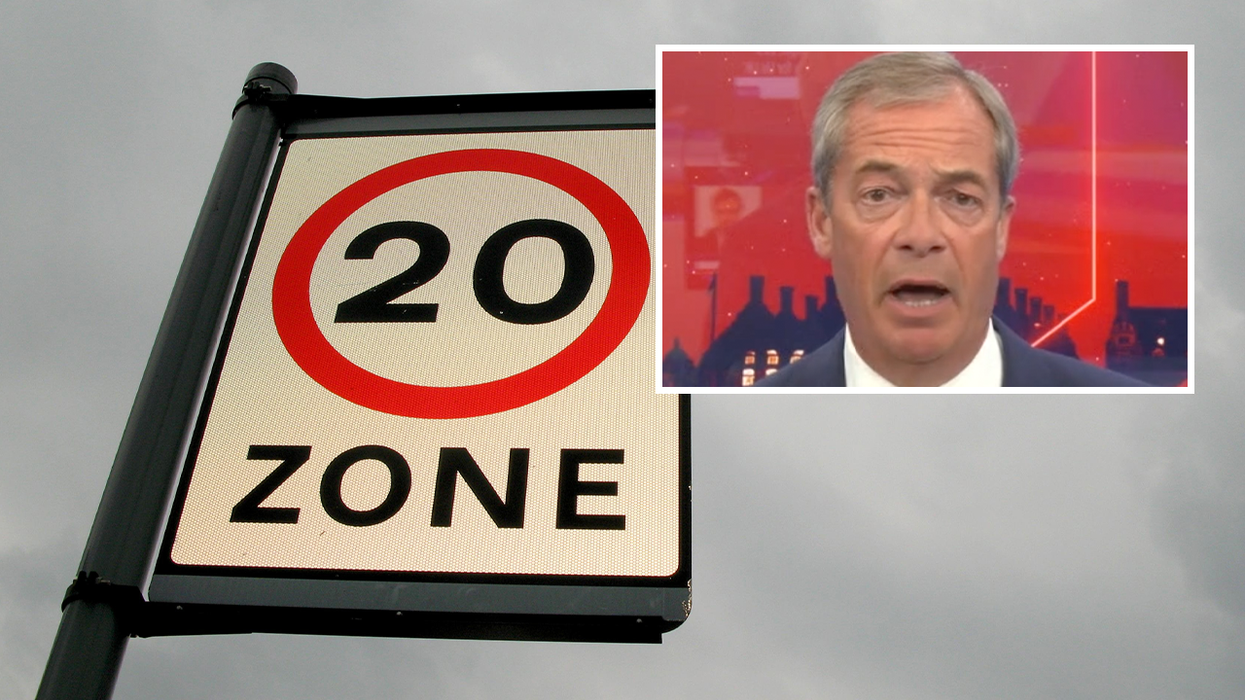20mph zone limit sign (left) and Nigel Farage (right)