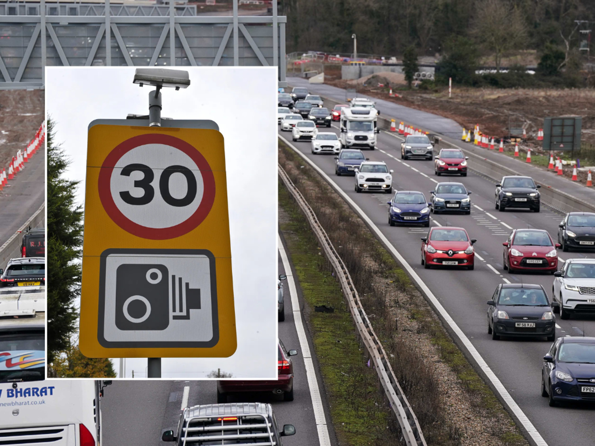 30mph sign and UK busy road