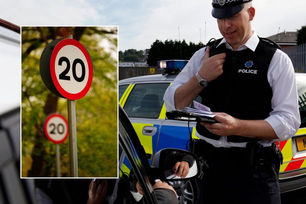 A 20mph speed limit sign and a police officer