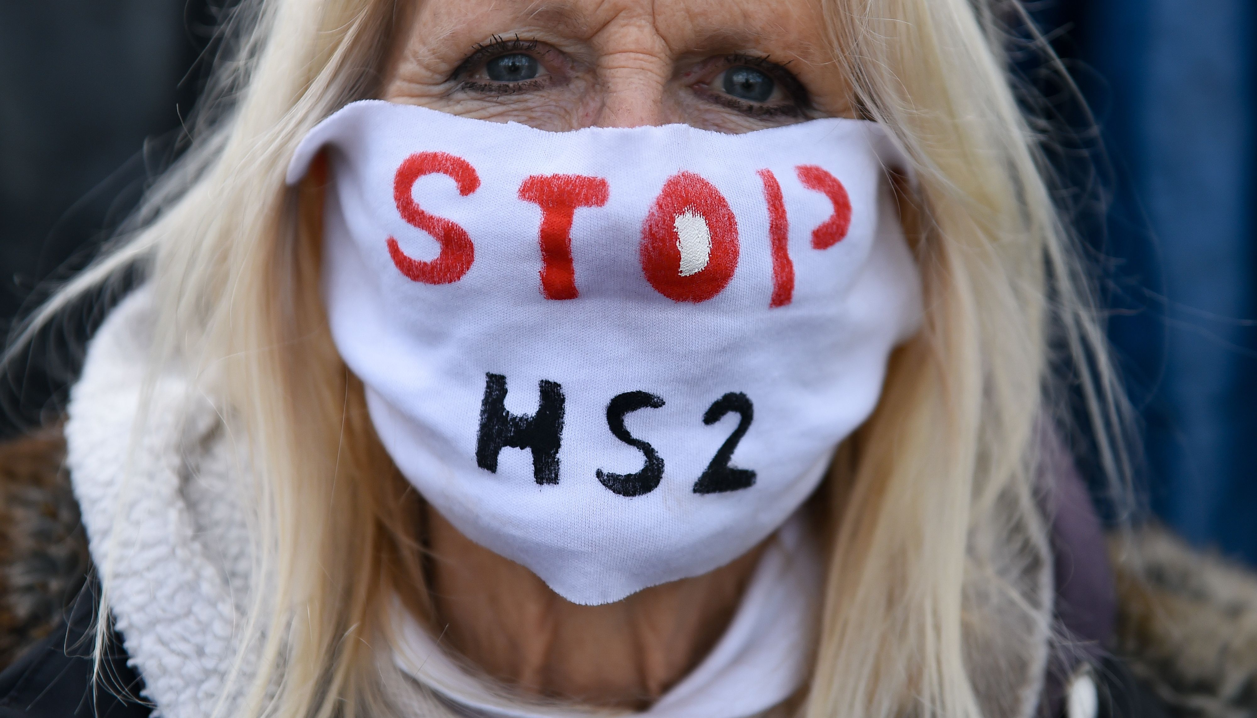 A anti-HS2 campaigner at an encampment in the ancient woodland at Poor's Piece Wood on the edge of Steeple Claydon in Buckinghamshire in February 2021