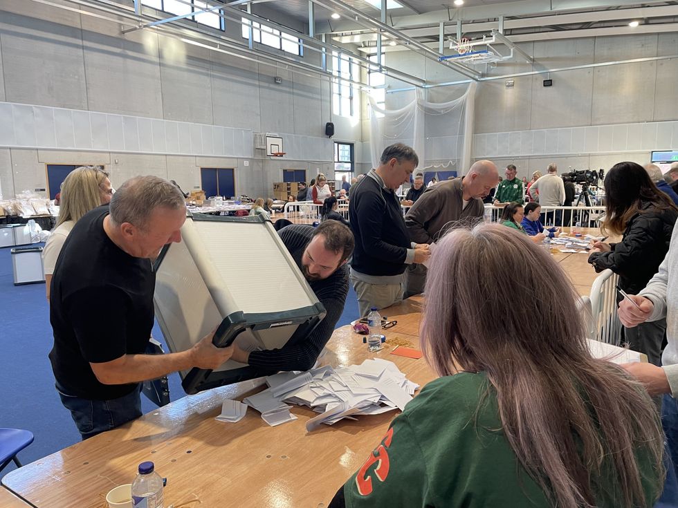 A ballot box is emptied as counting begins at Adamstown count centre in Dublin