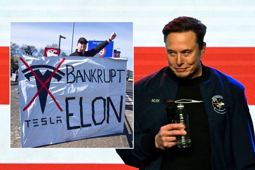 A bankrupt Tesla sign and Elon Musk