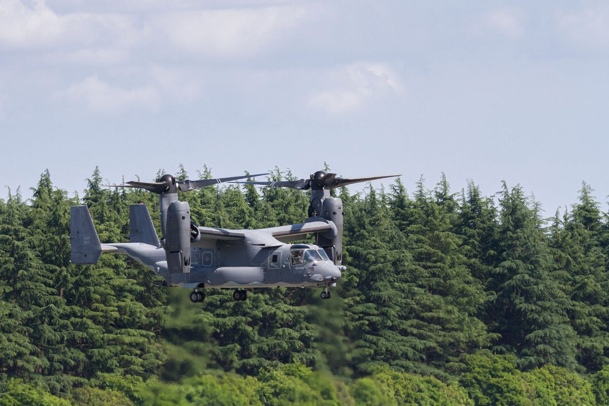 A Bell Boeing V22 Osprey of the United States Air Force flying