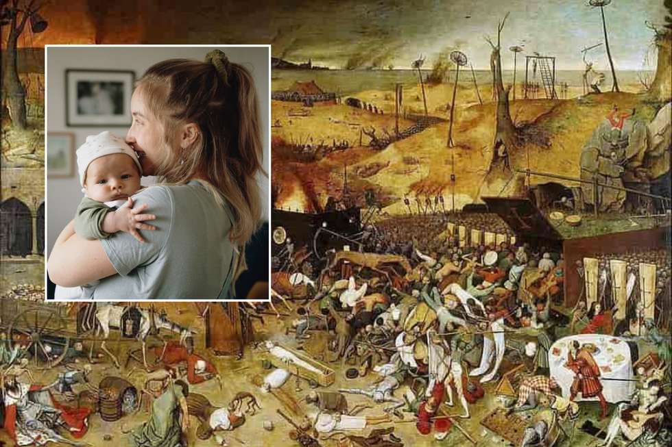 A black Death painting and a woman holding a baby