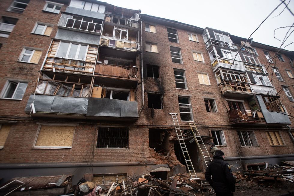 A block of flats in Sumy, Ukraine, on Saturday after a drone strike