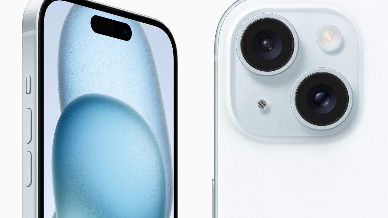 a blue iphone 15 is pictured from the front and a separate view of the rear-facing camera on the back