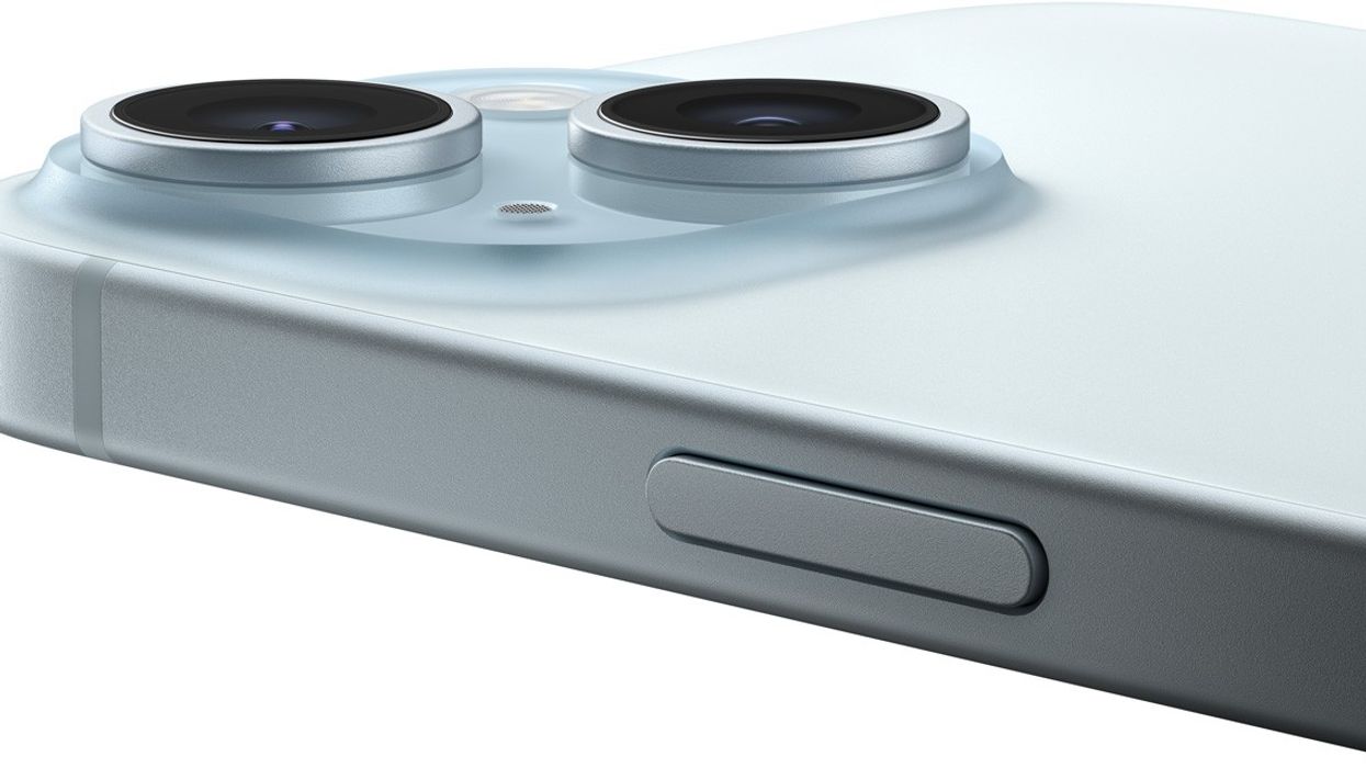 a blue iPhone 15 is pictured on its side with a white background