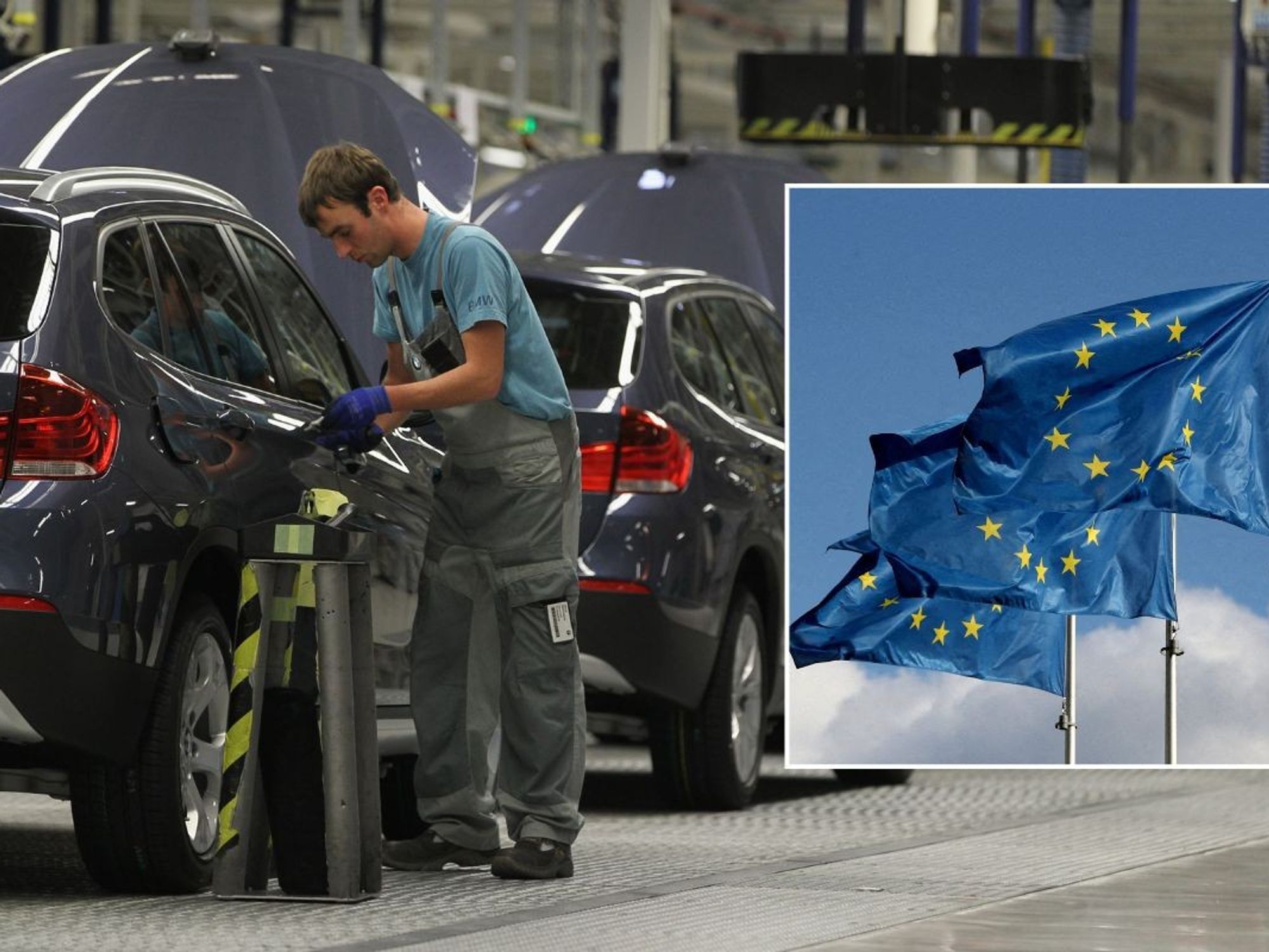 A BMW production factory and EU flags