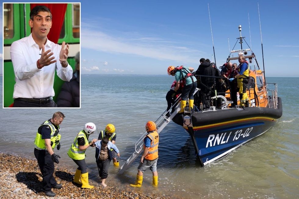 A boat taking Channel crossing migrants to British shores and an inset of Rishi Sunak