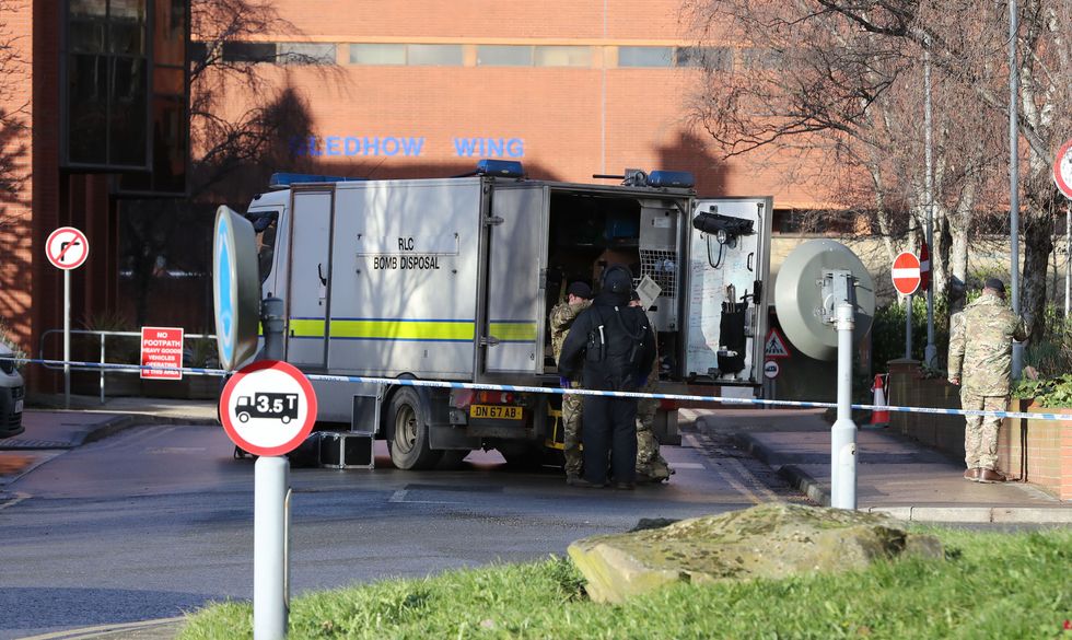 A bomb disposal unit at St James's Hospital, Leeds, where patients and staff were evacuated from some parts of the building following the discovery of a suspicious package outside the Gledhow Wing