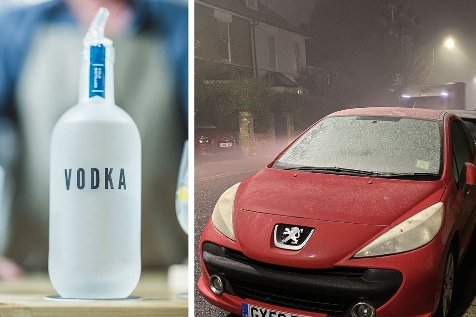 A bottle of vodka and a frozen car windscreen