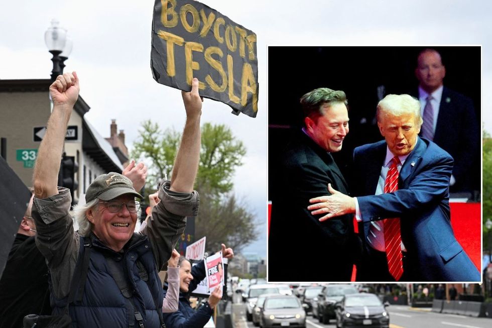 A 'Boycott Tesla' protest sign and Elon Musk hugging President Donald Trump