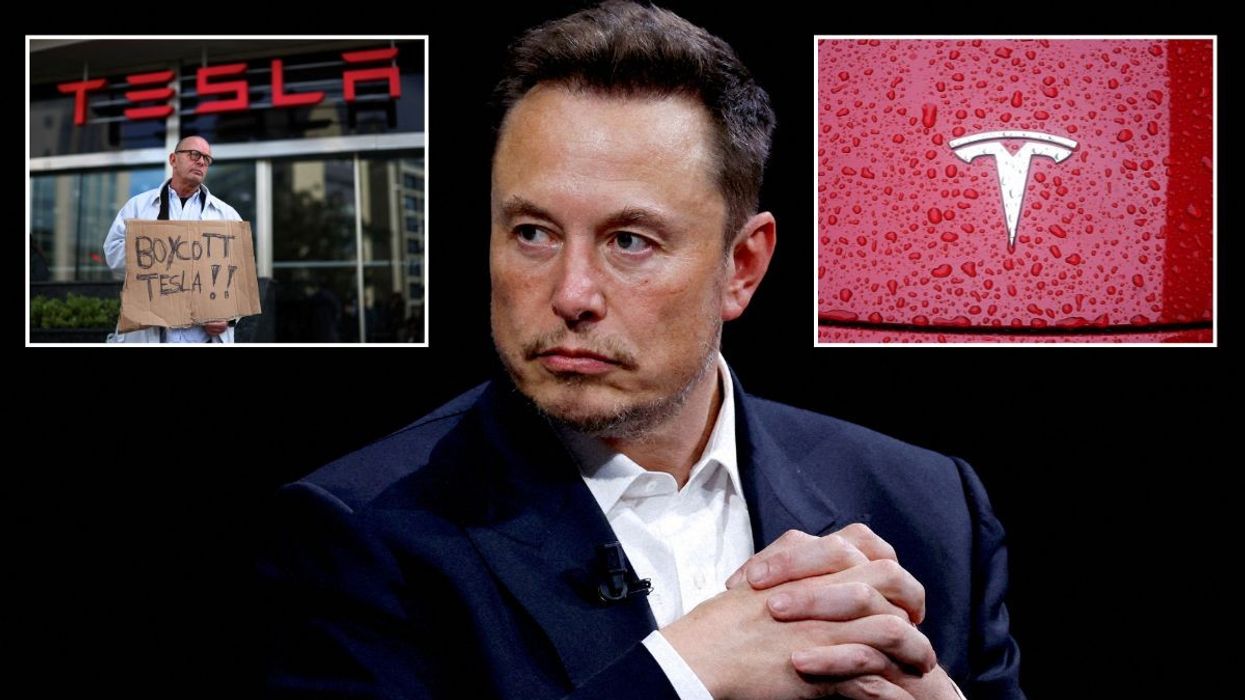 A boycott Tesla sign, Elon Musk and a Tesla logo