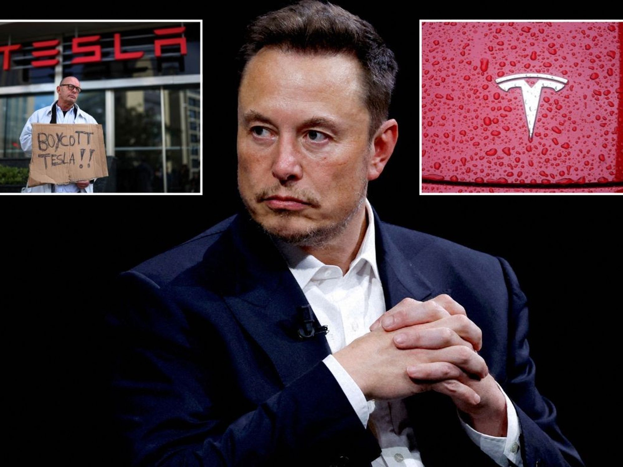 A boycott Tesla sign, Elon Musk and a Tesla logo