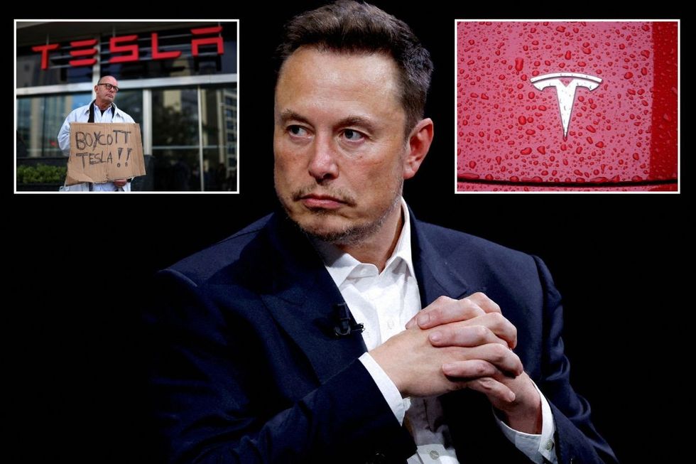 A boycott Tesla sign, Elon Musk and a Tesla logo