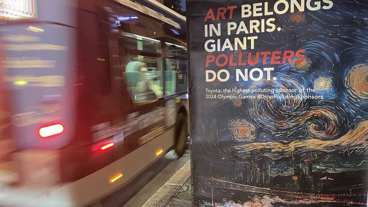 A Brandalism poster stating: 'Art belongs in Paris. Giant polluters do not.'