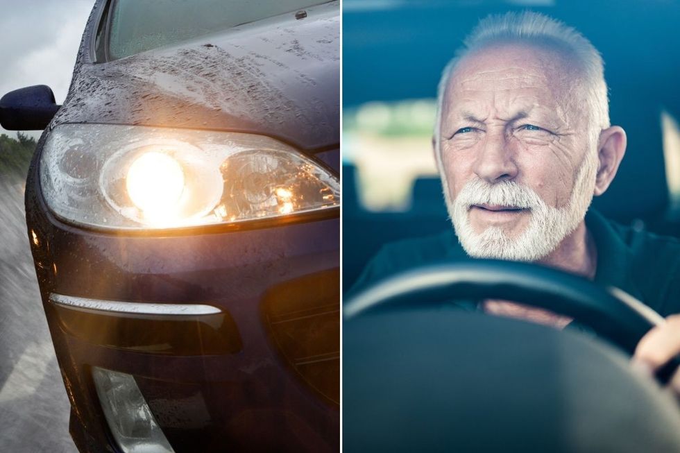 A bright car headlight and an elderly driver squinting