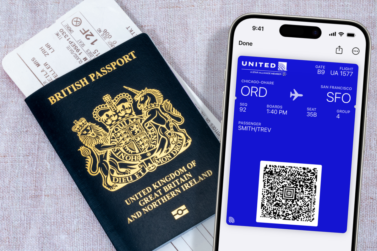 a british passport with a printed boarding pass pictured in the background, with the wallet app showing a boarding pass in the foreground