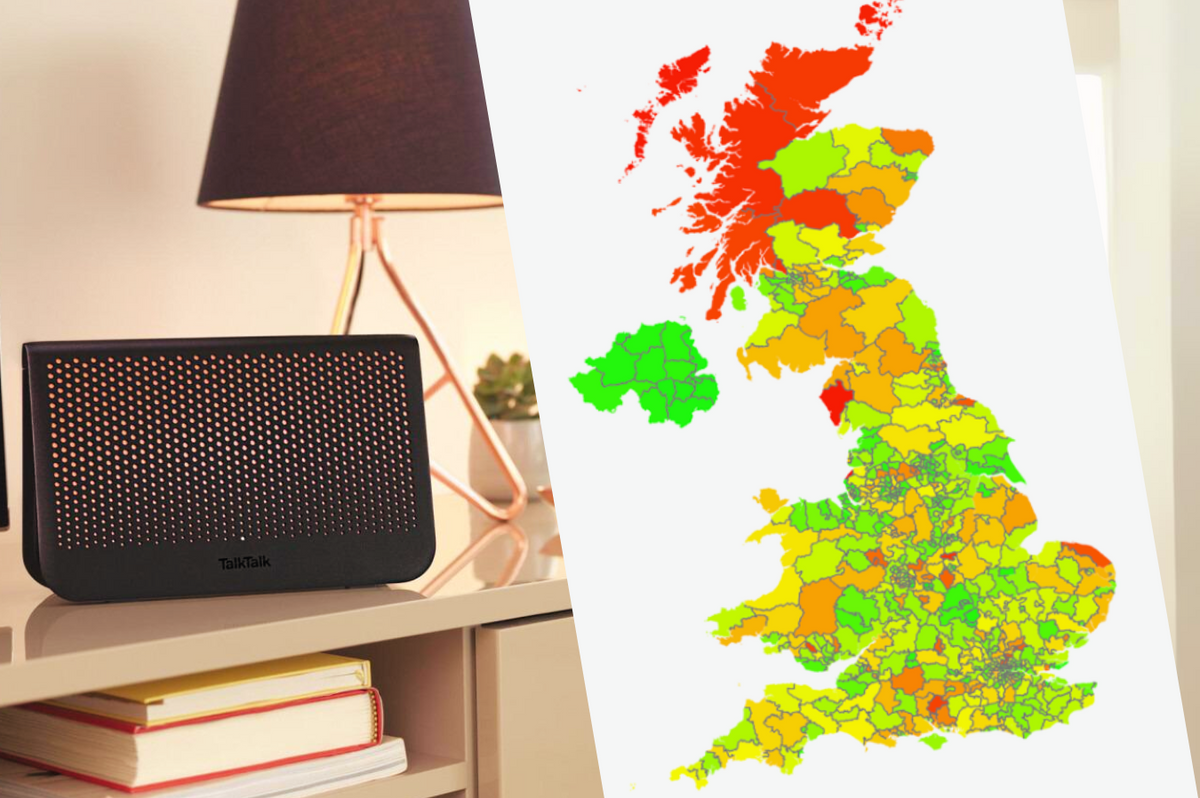a broadband router is pictured a cabinet with a preview of the map of the worst and best areas for broadband speeds in the uk 