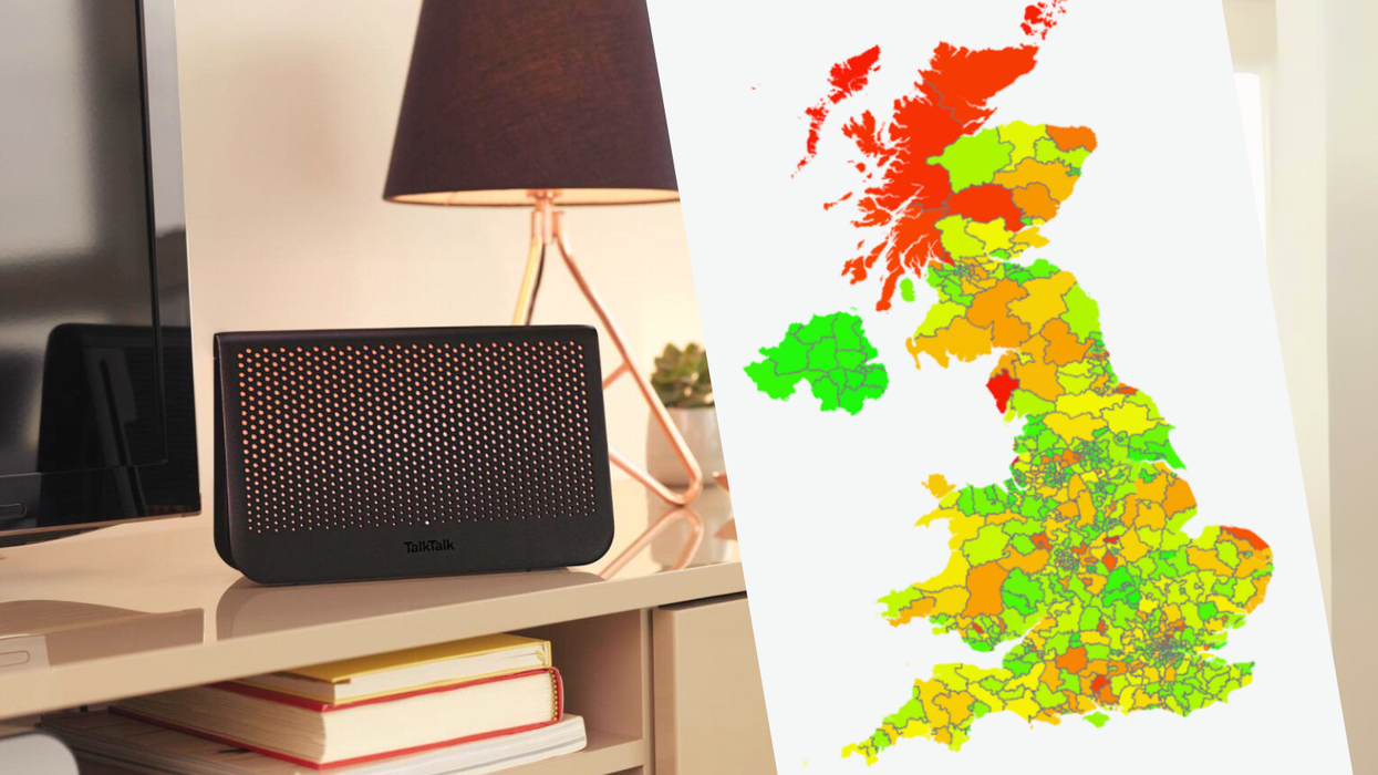 a broadband router is pictured a cabinet with a preview of the map of the worst and best areas for broadband speeds in the uk
