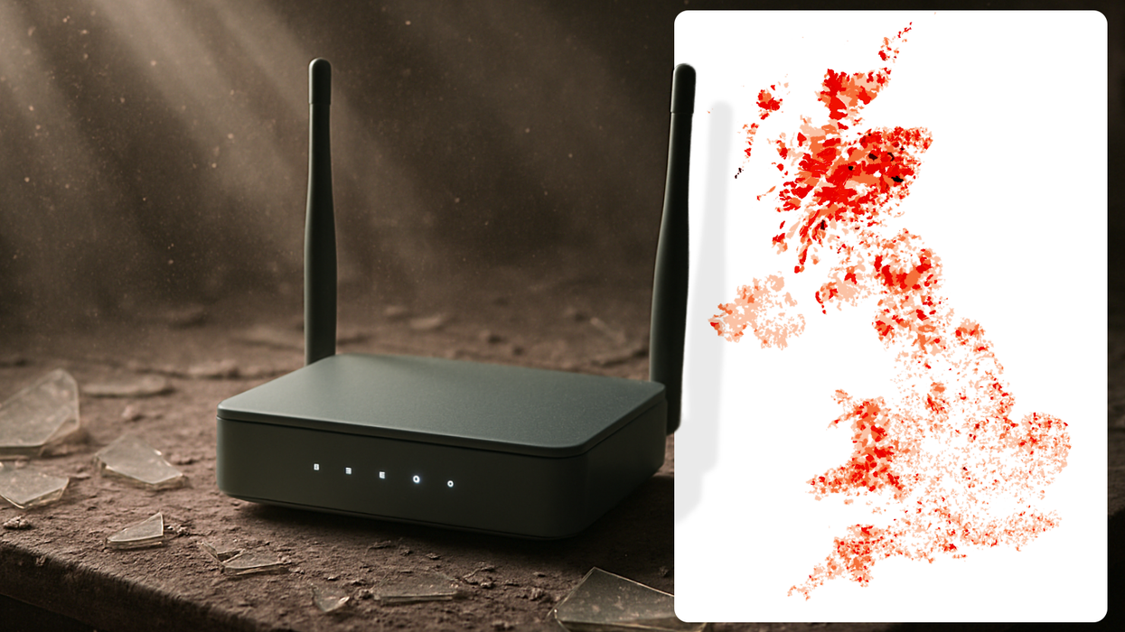 a broadband router surrounded with broken glass and dust with an inset image of the UK map with hot spots