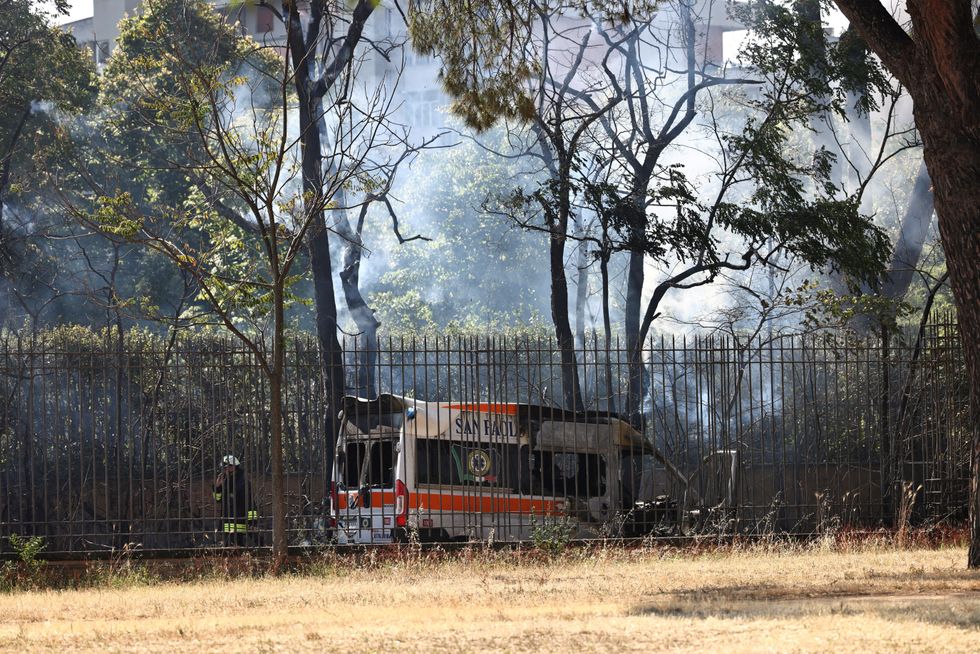A burnt-out ambulance after this morning's blast