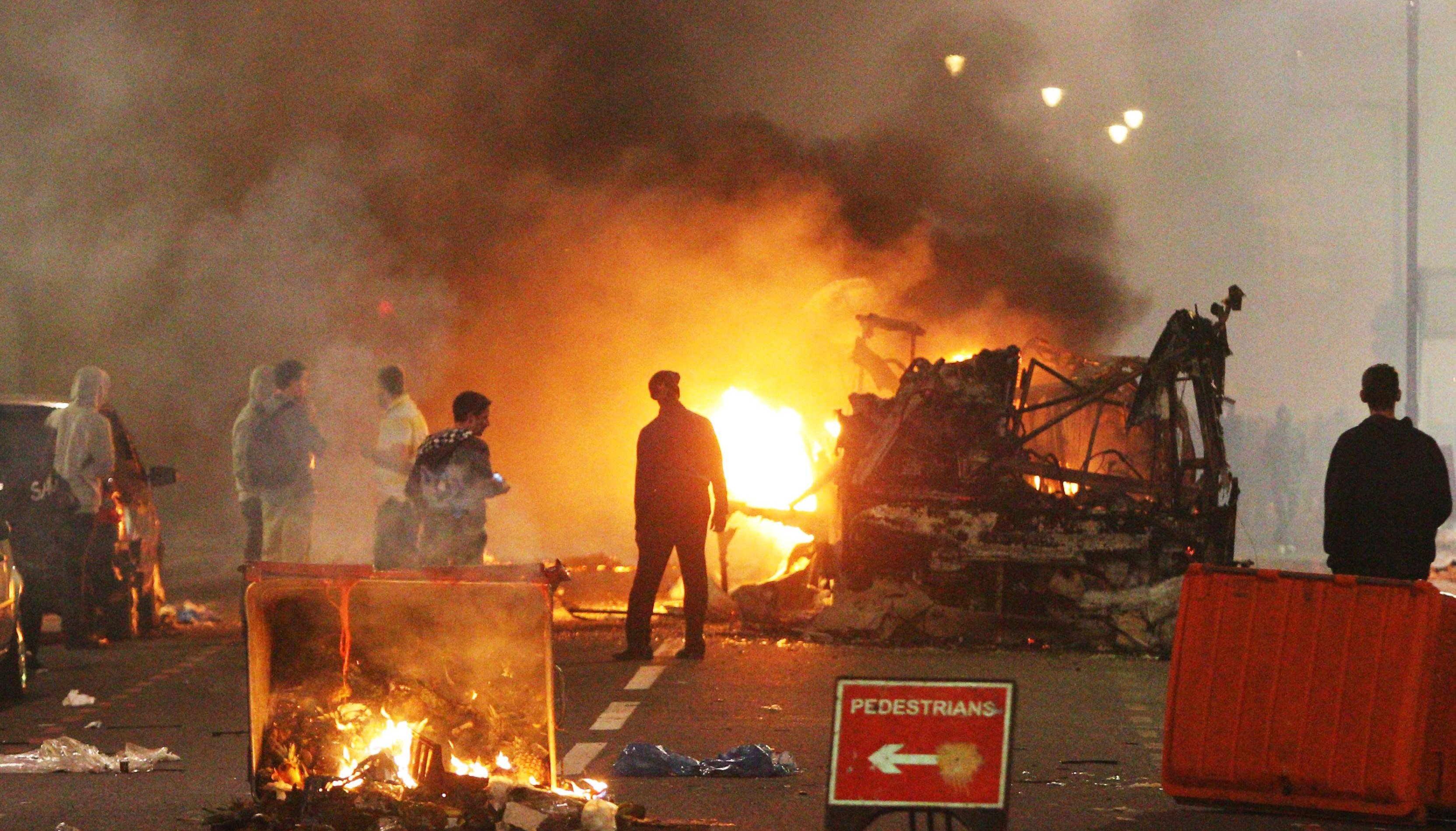 A bus burns in Tottenham, north London