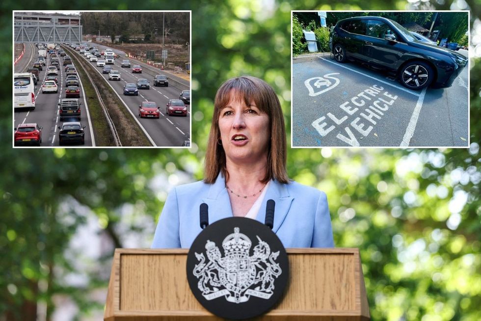 A busy UK motorway, Chancellor Rachel Reeves and an electric vehicle charging