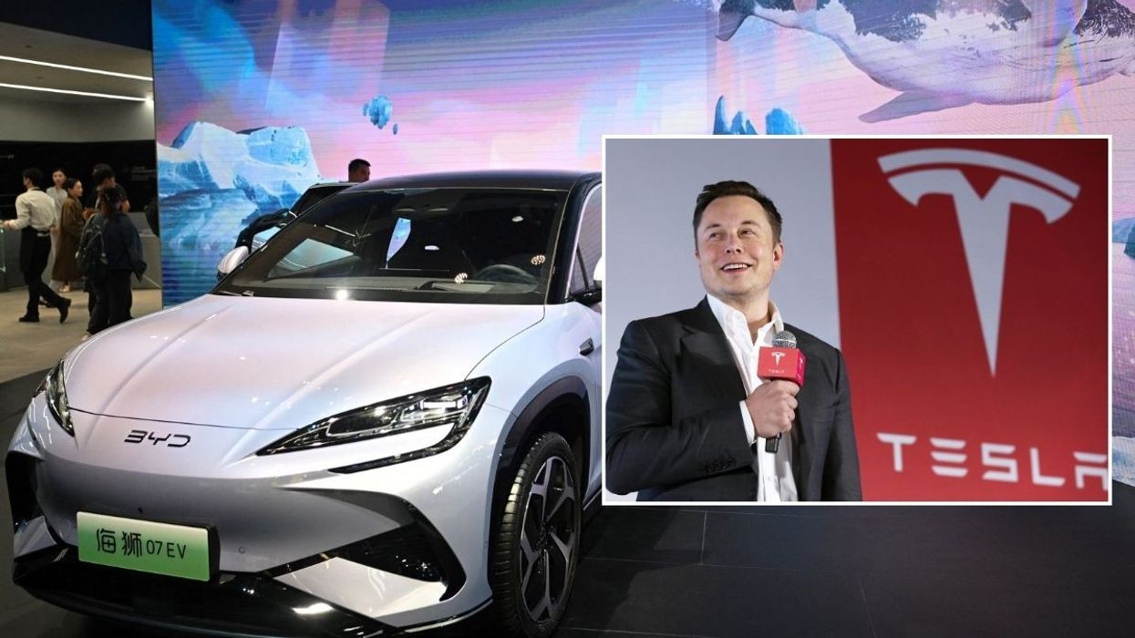 A BYD 07 EV model electric car and Elon Musk standing in front of a Tesla sign