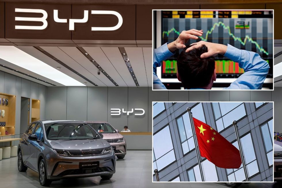 A BYD dealership, trader reacting to falling stock prices and a Chinese flag
