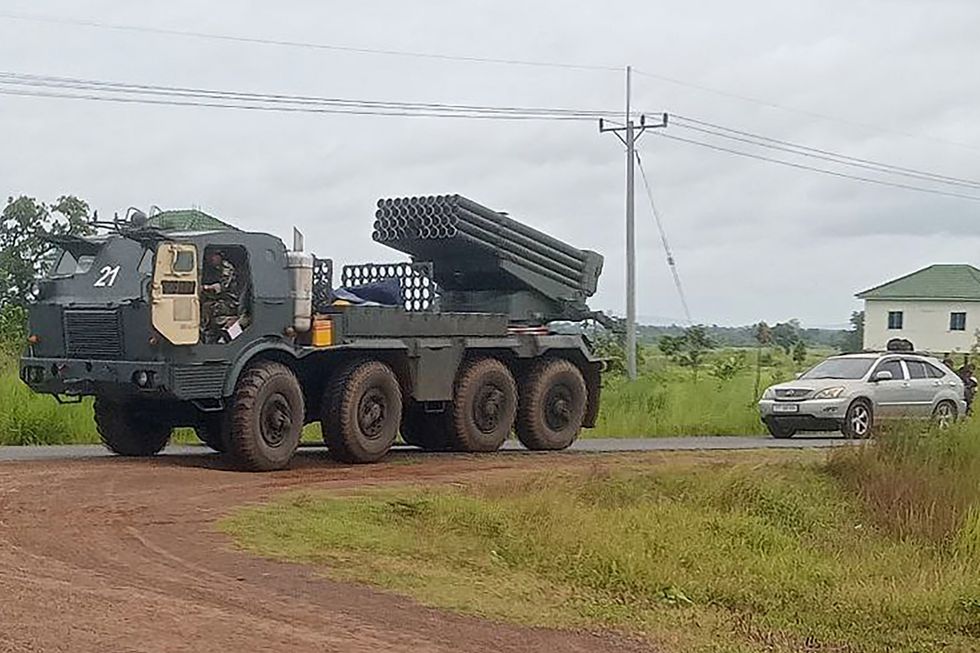 A Cambodian BM-21 multiple rocket launcher returns from the Cambodia-Thai border