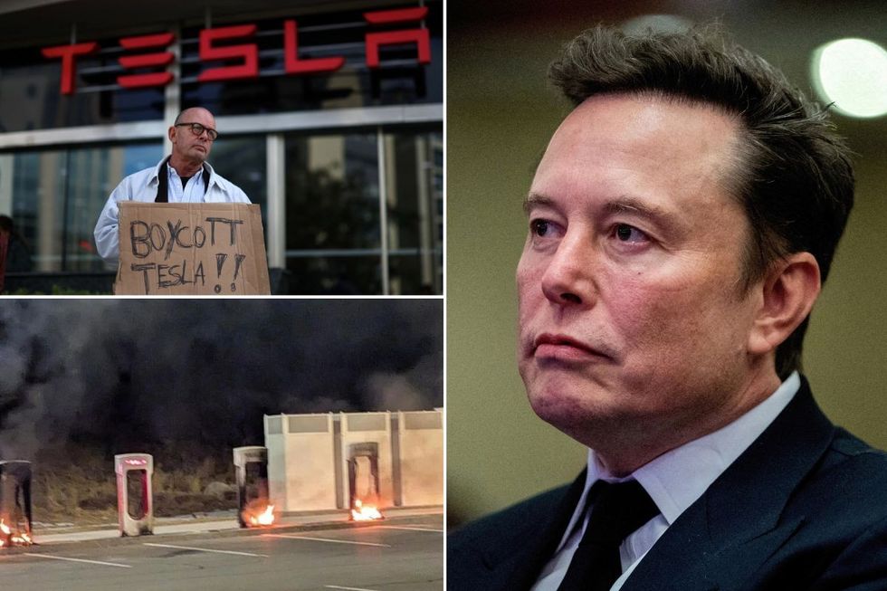 A campaigner calling for a Tesla boycott, Tesla superchargers on fire and Elon Musk