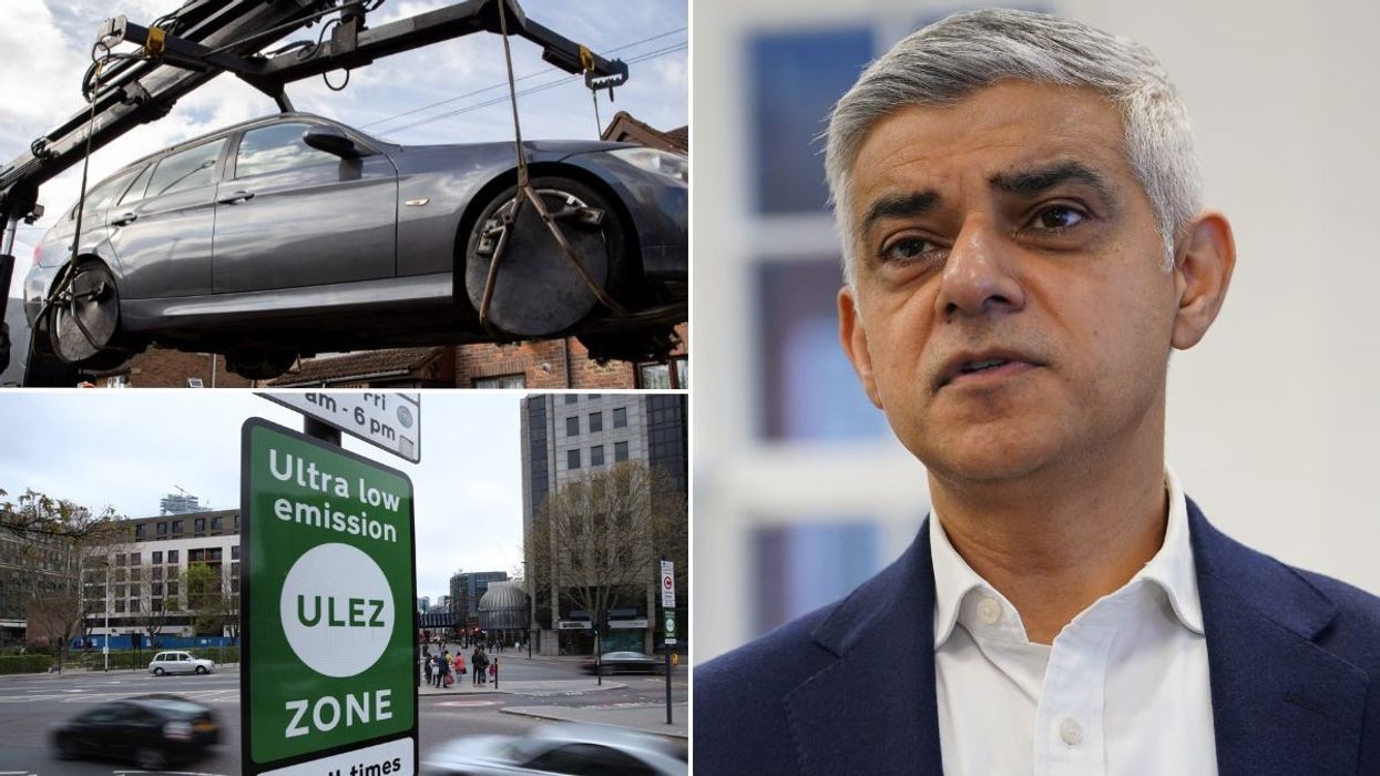 A car being towed, Sir Sadiq Khan and a Ulez sign