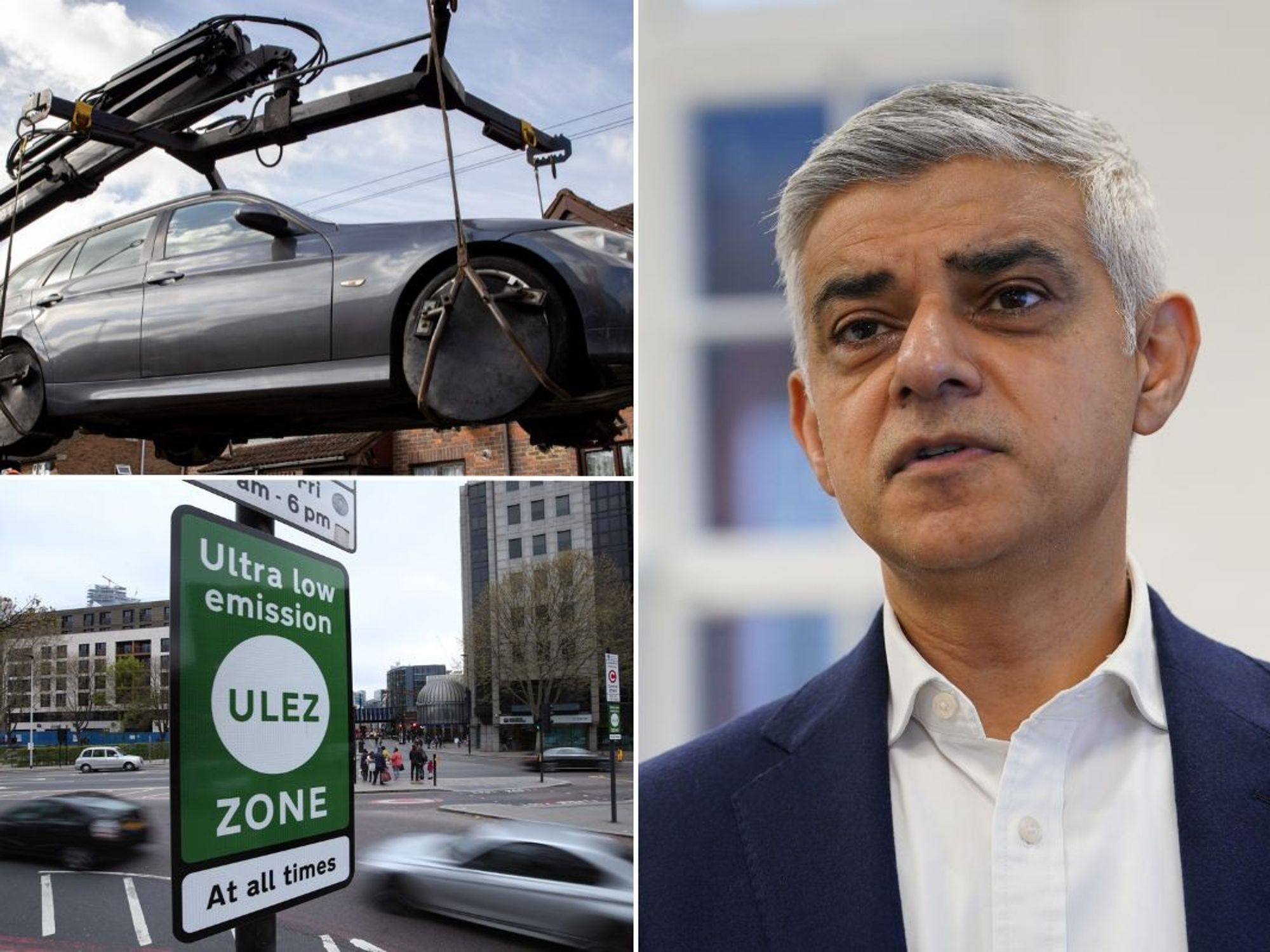 A car being towed, Sir Sadiq Khan and a Ulez sign
