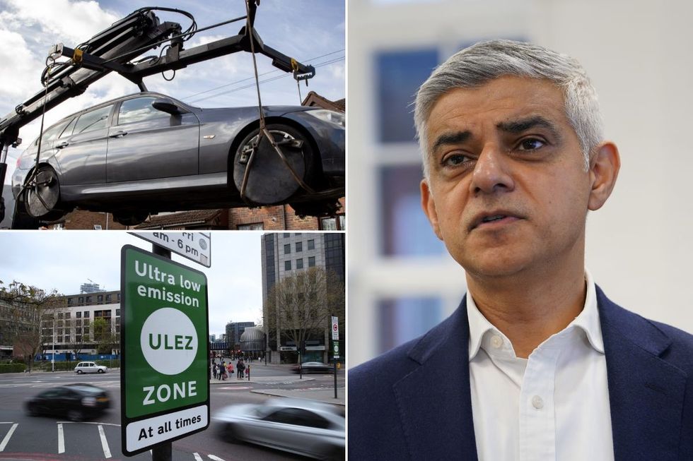 A car being towed, Sir Sadiq Khan and a Ulez sign