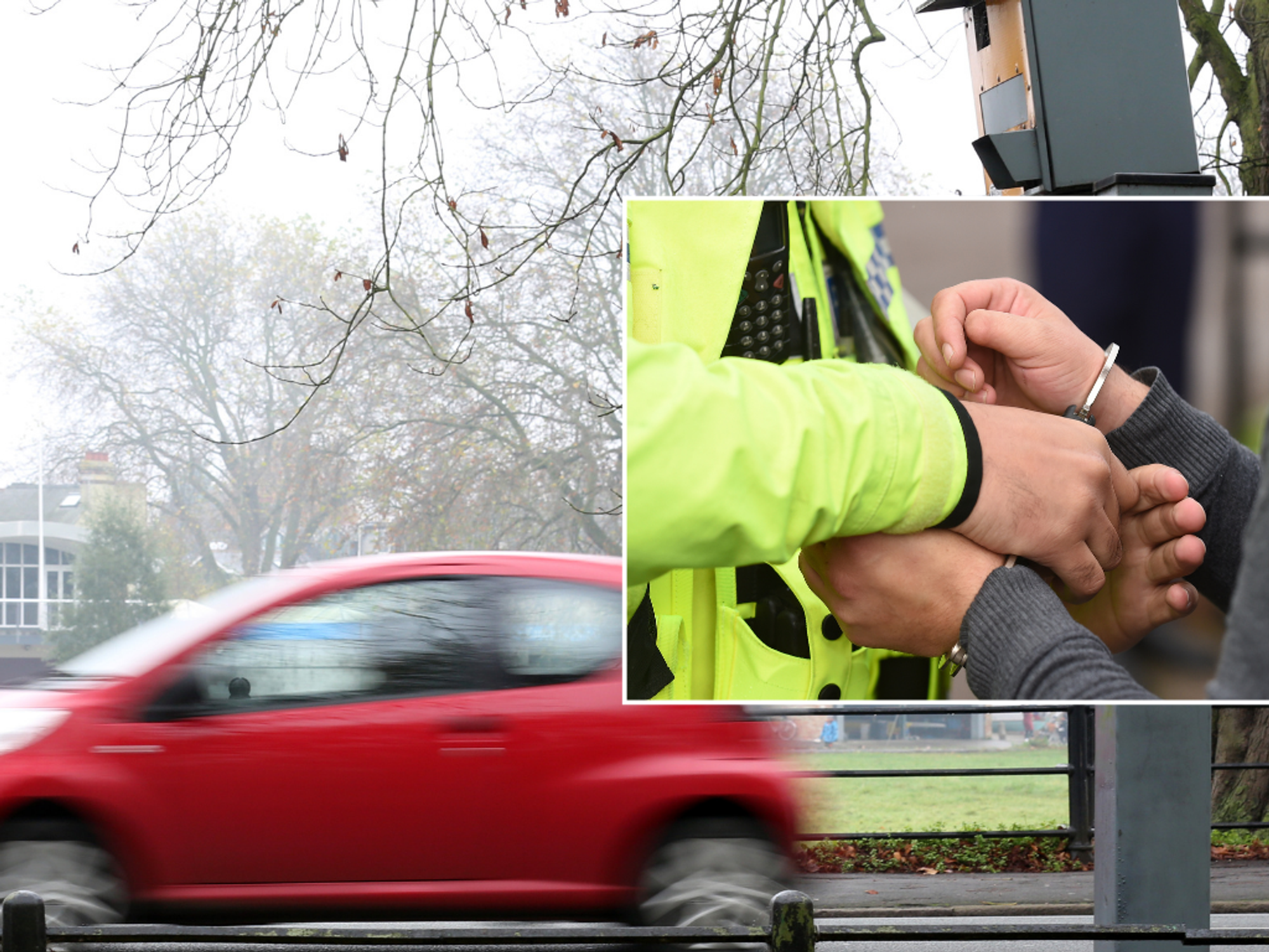 A car driving past a speed camera and a police officer arresting someone