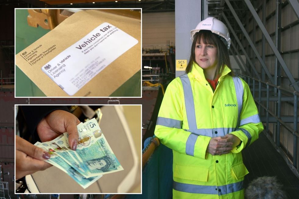 A car tax reminder letter, a woman holding UK cash and Chancellor Rachel Reeves