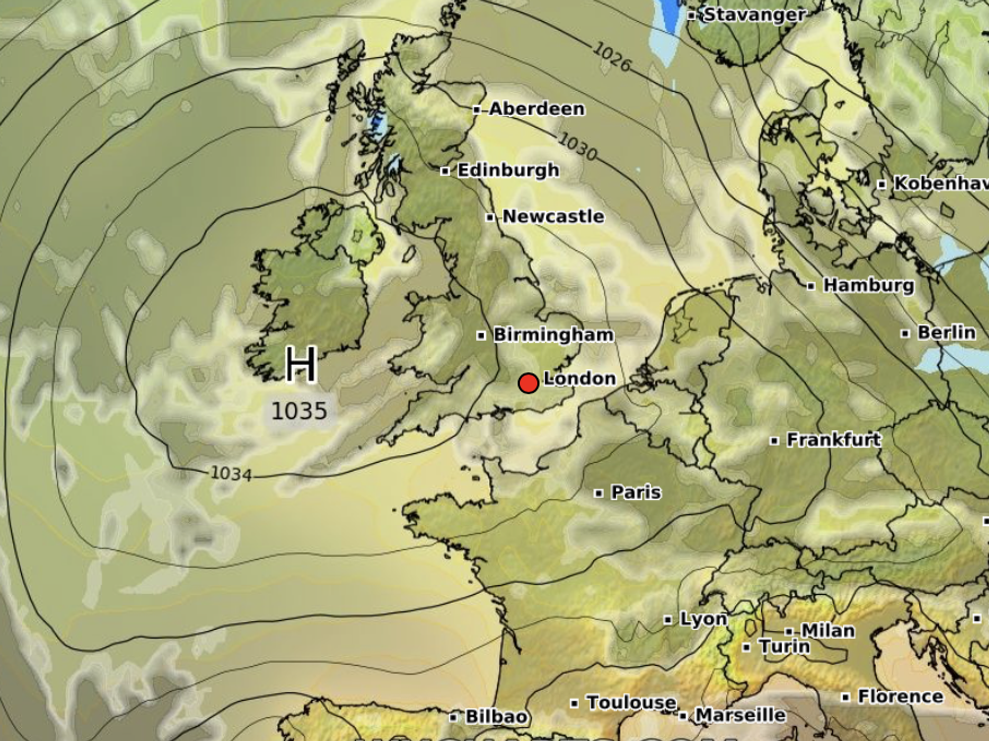 A chart shows Britain will remain largely dry