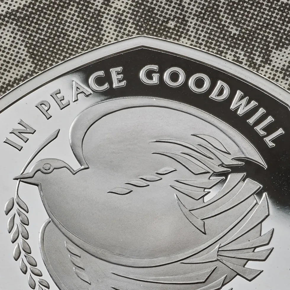 a close-up shot of the dove of peace design by the late John Mills on the new 2025 coin
