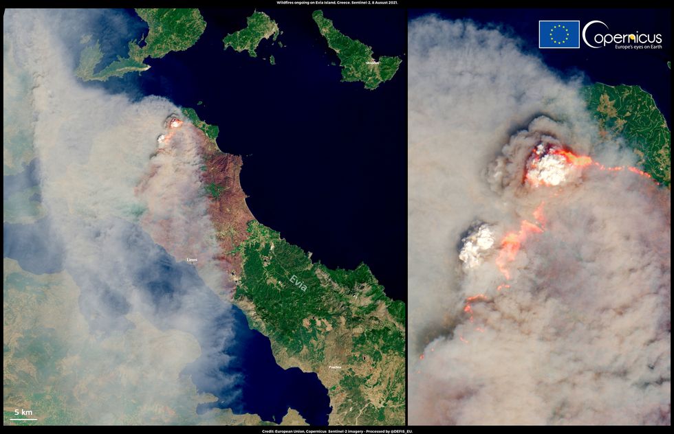 A combination picture consisting of a general view and a close-up shows a Copernicus Sentinel-2 satellite images of a fire on Evia Island, Greece.