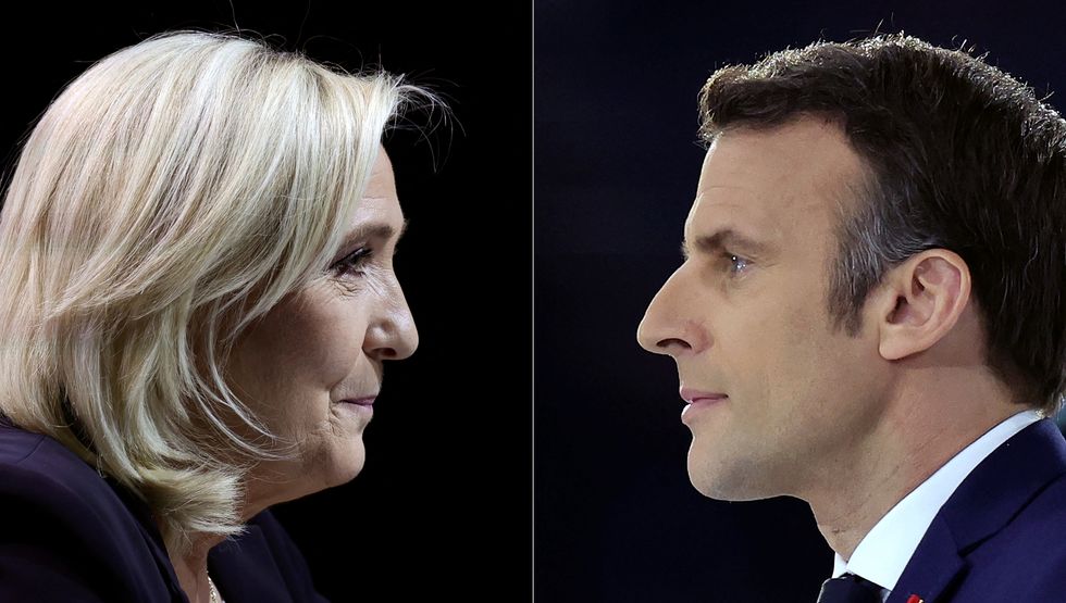 A combination picture shows portraits of the two candidates running for the second round in the 2022 French presidential election, Marine Le Pen, leader of French far-right National Rally (Rassemblement National) party, and French President Emmanuel Macron, candidate for his re-election. Pictures taken February 5, 2022 (L) and April 2, 2022. REUTERS/Sarah Meyssonnier