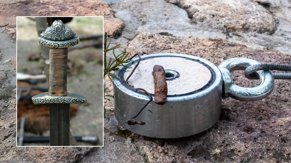 A composite image of a fishing magnet with a Viking sword